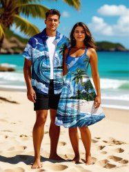 Tenue de plage hawaïenne assortie grande taille à imprimé cocotier, vagues et oiseaux pour couples - Bleu 