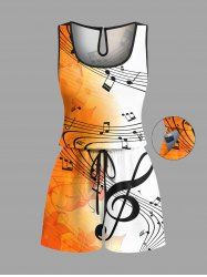 Combinaison grande taille à imprimé feuilles et symboles musicaux ombrés hawaïens avec cordon de serrage et poches - Orange Foncé 3X
