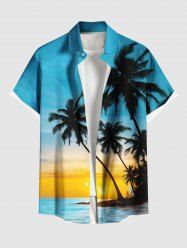 Chemise hawaïenne grande taille à imprimé cocotiers, coucher de soleil et mer, boutonnée et avec poches, pour homme - Bleu Ciel 2XL