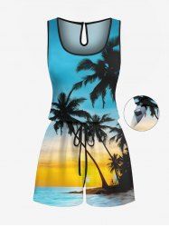 Plus Size Coconut Tree Sea Ombre Sunset Print Hawaii Drawstring Pocket Romper -  
