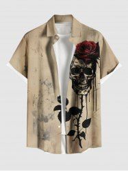 Plus Size Ink Painting Skull Rose Flower Leaf Print Halloween Button Pocket Shirt For Men -  