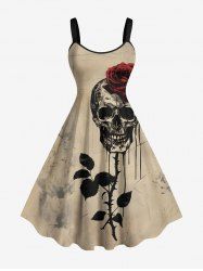 Plus Size Ink Painting Skull Rose Flower Leaf Print Halloween A Line Tank Dress -  