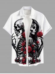 Plus Size Skull Skeleton Lovers Rose Flower Print Halloween Button Pocket Shirt For Men -  