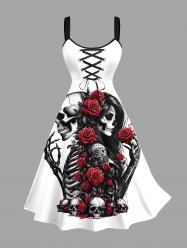 Plus Size Skull Skeleton Lovers Rose Flower Print Halloween Lace Up A Line Tank Dress -  