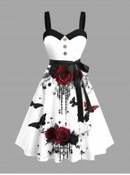 Robe trapèze grande taille à imprimé papillon et fleurs roses peintes à l'encre, avec boutons et ceinture amovible - Blanc 6X