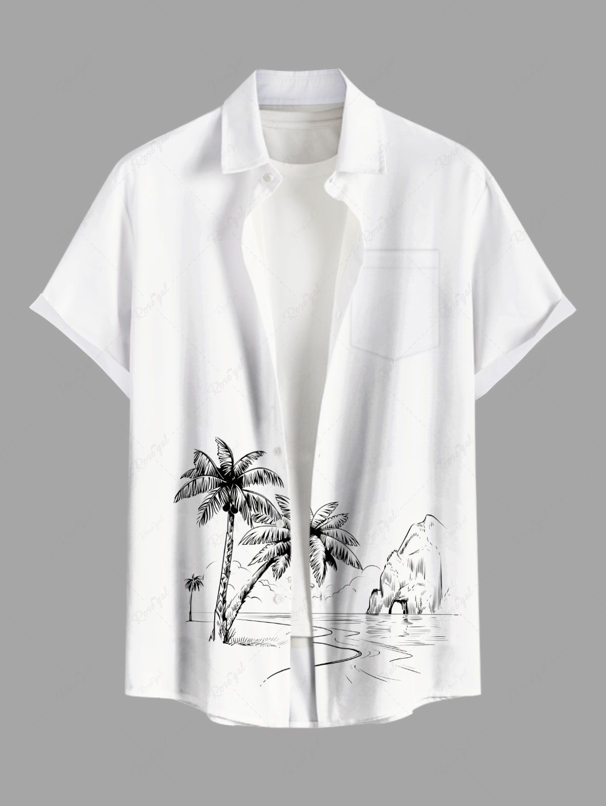 Chemise hawaïenne grande taille à imprimé cocotiers, montagnes et paysages marins, boutons et poches pour homme Blanc de Crème  4XL