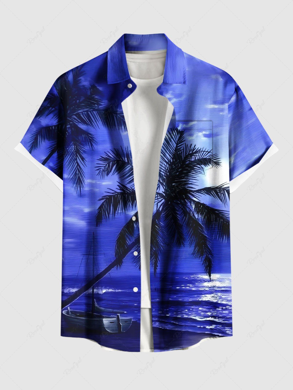 Buy Plus Size Coconut Tree Boat Seascape Cloud Print Buttons Pocket Hawaii Shirt For Men  