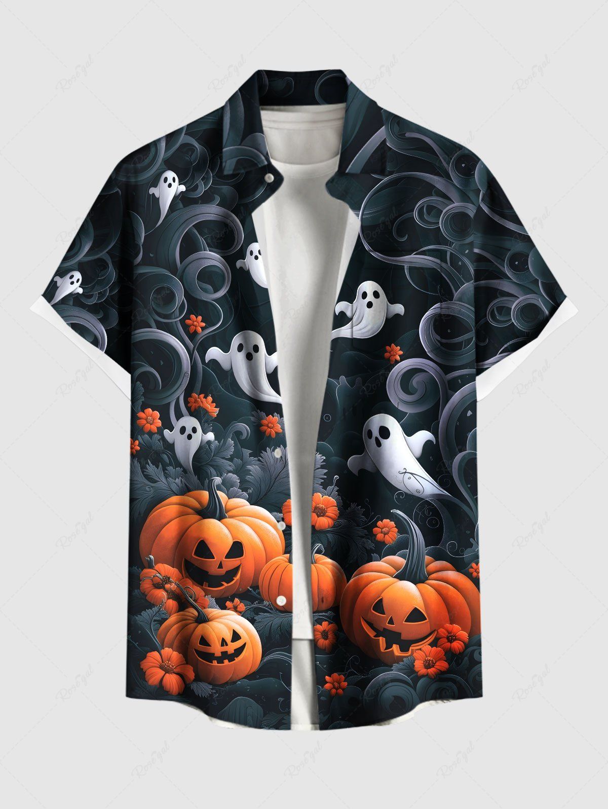 Chemise grande taille à boutons et poches pour homme, imprimé citrouille, fantôme et fleurs d'Halloween Noir M