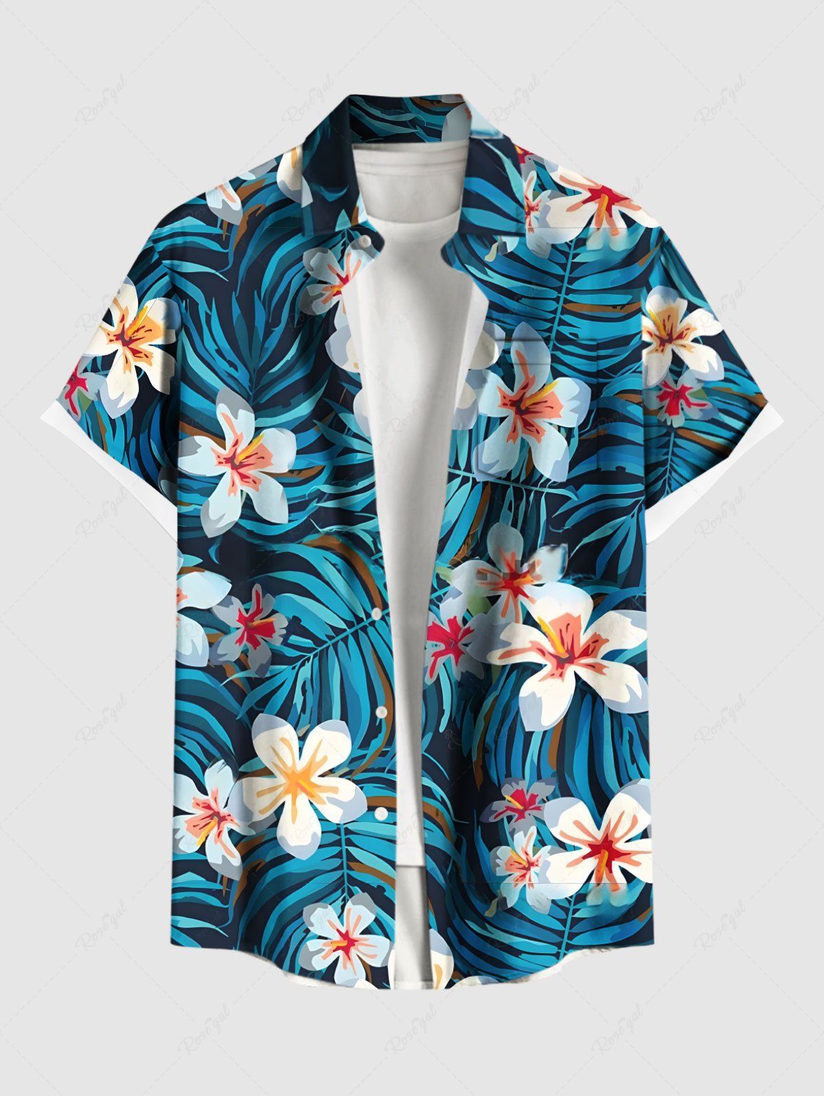 Outfit Plus Size Hibiscus Flowers Tropical Leaf Print Buttons Pocket Hawaii Shirt For Men  