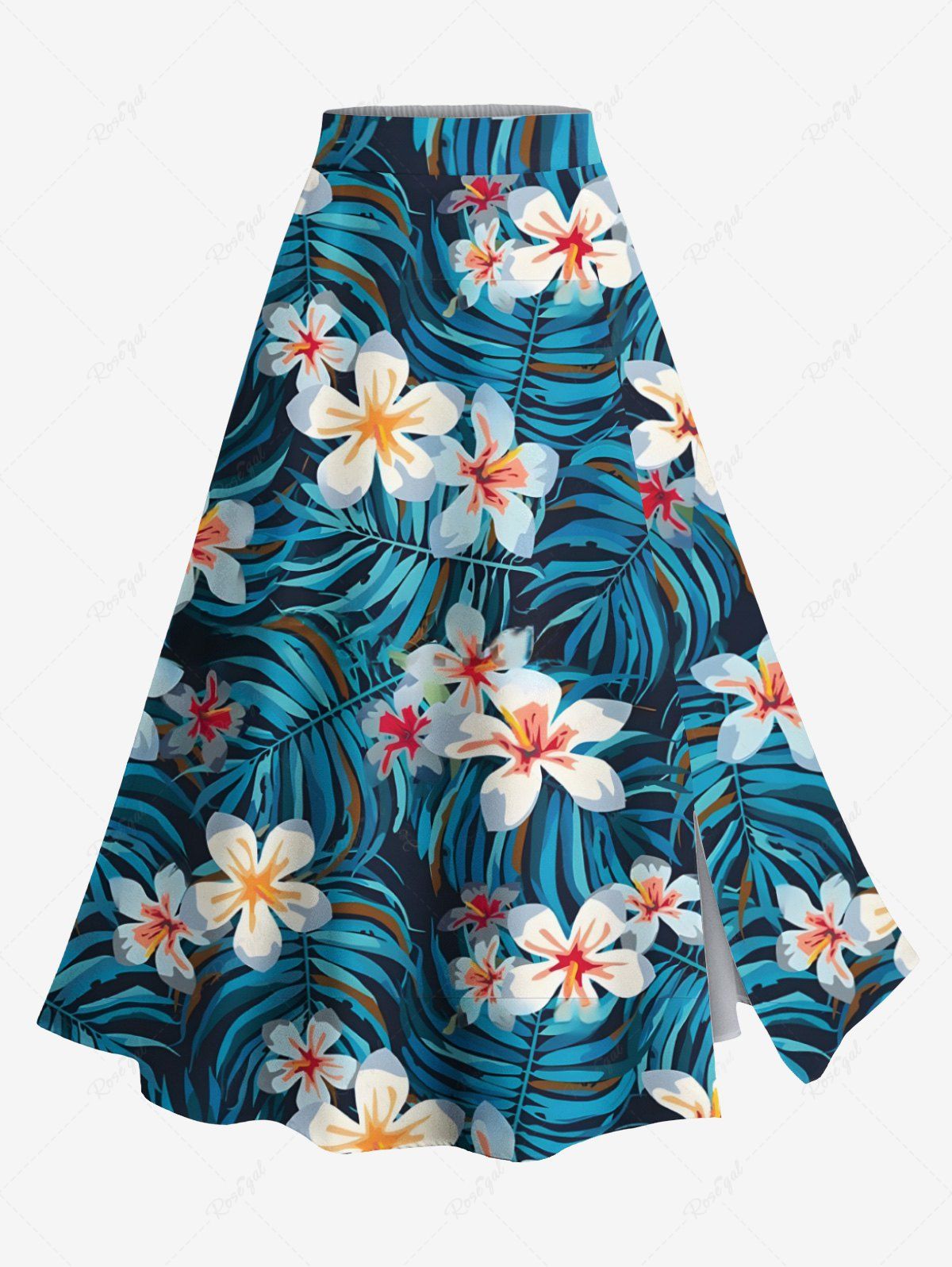 Affordable Plus Size Hibiscus Flowers Tropical Leaf Print Split Hawaii Skirt  