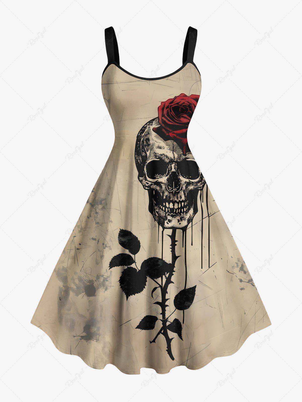 Robe trapèze grande taille à imprimé tête de mort, rose, fleur et feuille pour Halloween café lumière XXS