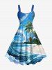 Tenue de plage hawaïenne assortie grande taille à imprimé cocotier, vagues et oiseaux pour couples - Bleu 