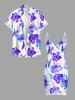 Tenue de plage hawaïenne assortie grande taille à imprimé feuilles tropicales et fleurs d'hibiscus pour couples - Blanc 