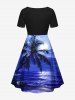 Robe hawaïenne cintrée grande taille à imprimé cocotiers, bateau, paysage marin et nuages - Bleu Ciel 2X