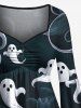 Plus Size Halloween Pumpkin Ghost Flowers Print Ruched Flare Sleeves High Low Dress -  