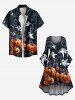 Plus Size Halloween Pumpkin Ghost Flowers Print Ruched Flare Sleeves High Low Dress -  