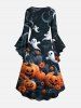 Plus Size Halloween Pumpkin Ghost Flowers Print Ruched Flare Sleeves High Low Dress -  