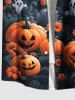 Chemise grande taille à boutons et poches pour homme, imprimé citrouille, fantôme et fleurs d'Halloween - Noir 6XL