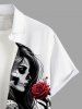 Chemise grande taille à imprimé tête de mort et squelette pour homme, avec poche boutonnée et imprimé fleurs roses - Blanc 3XL