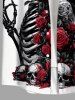 Chemise grande taille à imprimé tête de mort et squelette pour homme, avec poche boutonnée et imprimé fleurs roses - Blanc 4XL