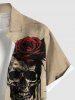 Plus Size Ink Painting Skull Rose Flower Leaf Print Halloween Button Pocket Shirt For Men -  