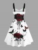 Plus Size Ink Painting Rose Flower Tassel Butterfly Print Halloween Button A Line Dress with Removable Belt -  