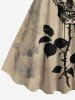 Plus Size Ink Painting Skull Rose Flower Leaf Print Halloween A Line Tank Dress -  