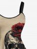 Plus Size Ink Painting Skull Rose Flower Leaf Print Halloween A Line Tank Dress -  