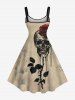Plus Size Ink Painting Skull Rose Flower Leaf Print Halloween A Line Tank Dress -  