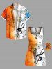 Combinaison grande taille à imprimé feuilles et symboles musicaux ombrés hawaïens avec cordon de serrage et poches - Orange Foncé 3X