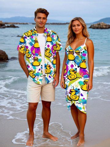 Sungalsses Rock Ducks Geometric Pattern Print Plus Size Matching Hawaii Beach Outfit For Couples