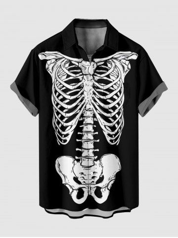Chemise grande taille à boutons et poches pour homme, imprimé squelette d'Halloween