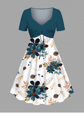 Plus Size Flowers Leaf Print Cinched Hawaii Dress - GREEN - 6X