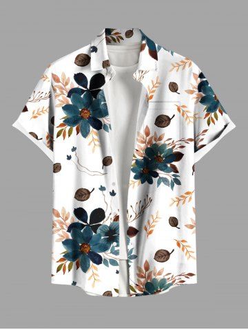 Plus Size Flowers Leaf Print Buttons Pocket Hawaii Shirt For Men - WHITE - M