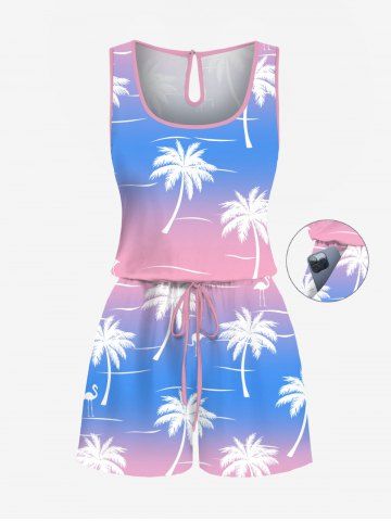 Plus Size Coconut Tree Flamingo Ombre Colorblock Print Cinched Hawaii Romper