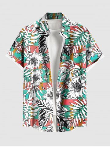 Plus Size Flowers Leaf Ombre Plaid Print Buttons Pocket Hawaii Shirt For Men - GREEN - 3XL