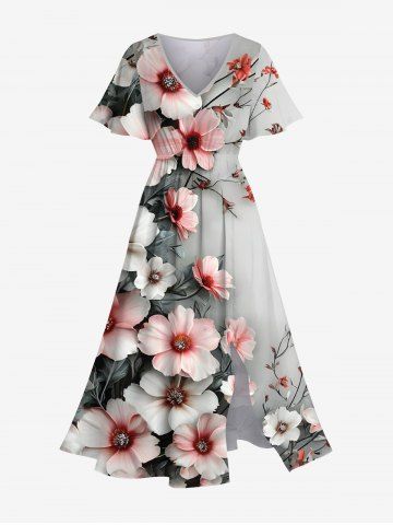 Plus Size Flowers Ombre Print Split Hawaii Midi Dress - LIGHT GRAY - XS