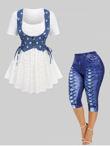 Ensemble 2 en 1 haut à lacets et leggings capri imprimés étoiles, grande taille