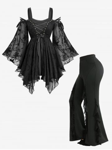 Star Embroidery Lace Up Cold Shoulder Blouse and Spider Web Flocking Flare Pants Lettuce Plus Size Outfit