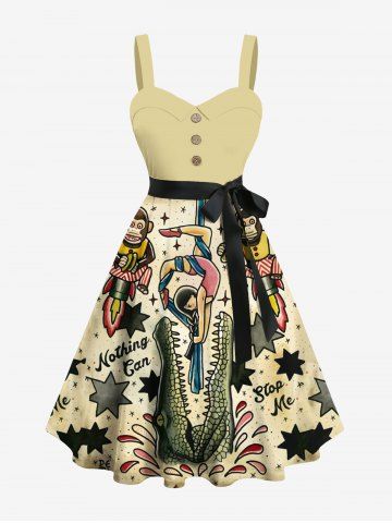 Plus Size Acrobatics Monkey Girl Crocodile Star Print Buttons Turn Down Collar Hawaii Dress With Belt - YELLOW - 6X