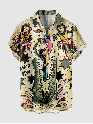 Plus Size Acrobatics Monkey Girl Crocodile Star Print Buttons Pocket Hawaii Shirt For Men - BEIGE - 3XL