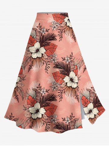 Plus Size Hibiscus Flowers Tropical Leaf Print Split Hawaii Skirt - LIGHT PINK - M