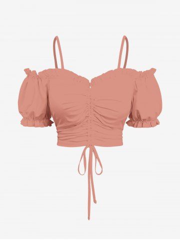 Plus Size Cinched Ruched Ruffles Cold Shoulder Cami Top - LIGHT PINK - XS
