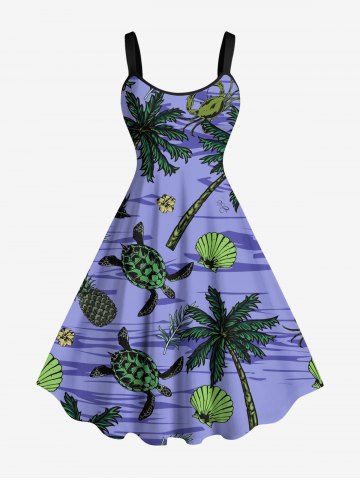 Plus Size Coconut Tree Turtle Shell Flowers Pineapple Print Hawaii Tank Dress - PURPLE - S