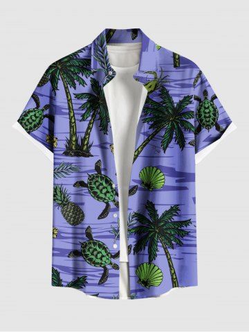 Plus Size Coconut Tree Turtle Shell Flowers Pineapple Print Buttons Pocket Hawaii Shirt For Men - PURPLE - 3XL