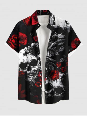 Plus Size Halloween Skulls Rose Flowers Print Buttons Pocket Shirt For Men - BLACK - 6XL