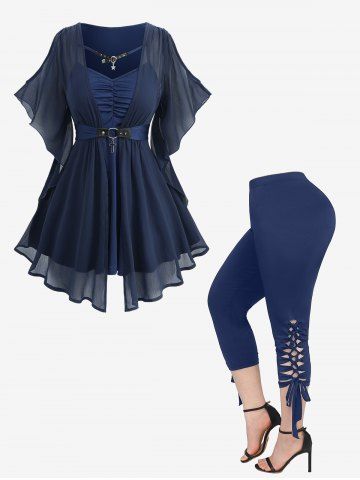 Chiffon Textured Ruched O-Ring Cross Belted Blouse and Hollow Out Braided Cropped Leggings Plus Size Outfit