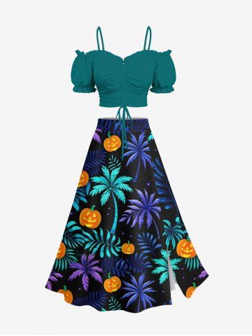 Solid Cinched Top and Coconut Tree Tropical Leaf Pumpkin Print Halloween Split A Line Skirt Plus Size Matching Set - GREEN