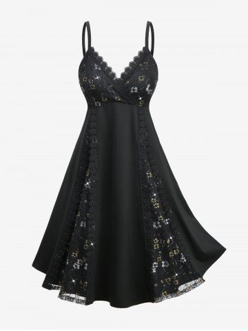 Plus Size Gilding Floral Lace Sequins Patchwork Surplice A Line Party Cami Dress - BLACK - 3X | US 22-24