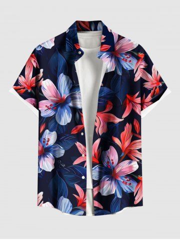 Plus Size Hibiscus Flower Leaf Print Hawaii Button Pocket Shirt For Men - BLUE - M